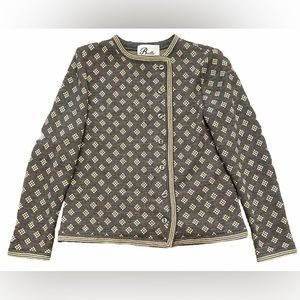 Vintage 60s Butte Knit Charcoal Gold Accents Long Sleeve Cardigan Jacket Sz M